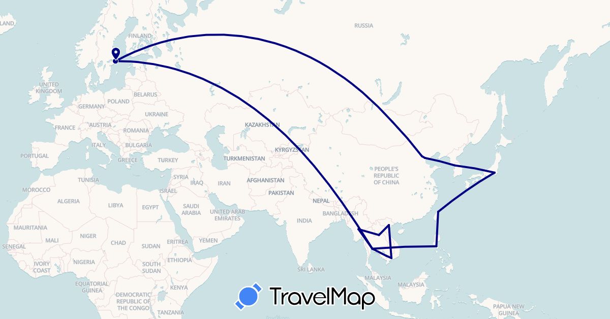 TravelMap itinerary: driving in China, Japan, Cambodia, South Korea, Laos, Myanmar (Burma), Mongolia, Philippines, Sweden, Thailand, Taiwan, Vietnam (Asia, Europe)